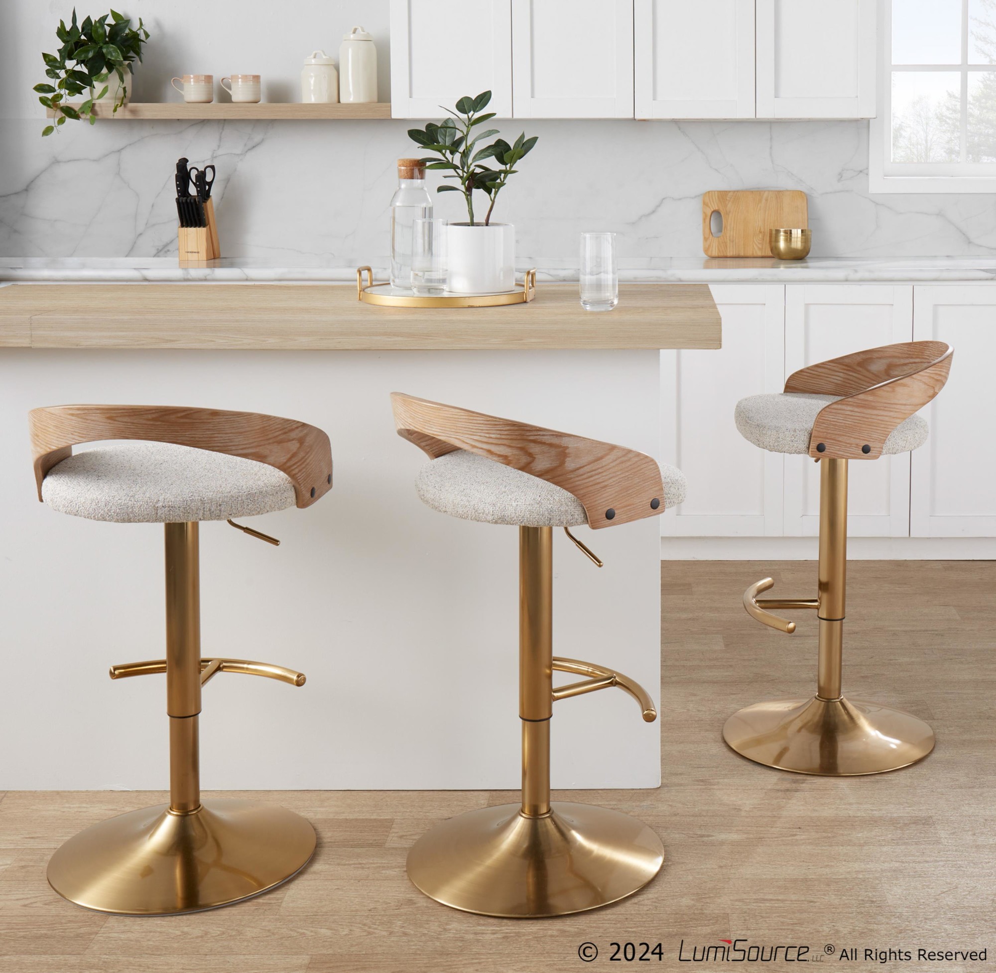 Grotto Gold Adjustable Oat Fabric Swivel Barstools (Set of 2) 4 Grotto Gold Adjustable Oat Fabric Swivel Barstools (Set of 2) - Image 4