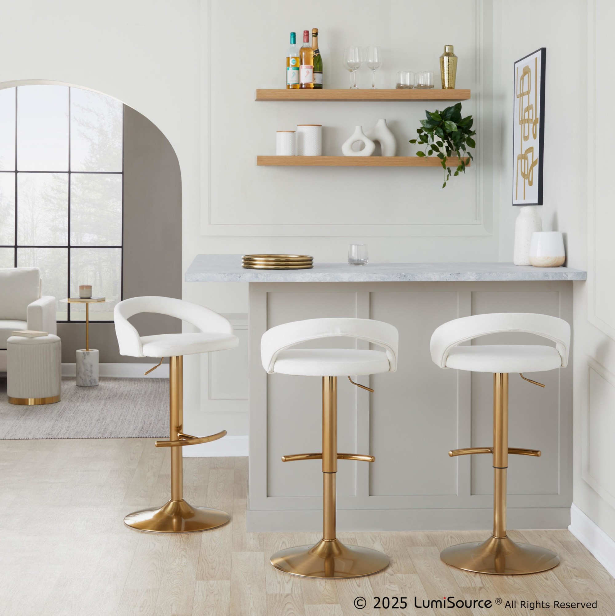 Grotto Gold White Velvet Contemporary Adjustable Barstool (Set of 2) 2 Grotto Gold White Velvet Contemporary Adjustable Barstool (Set of 2) - Image 2