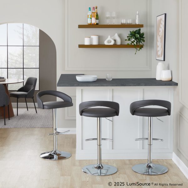 Grotto Grey Faux Leather Chrome Contemporary Adjustable Barstools Set of 2 1