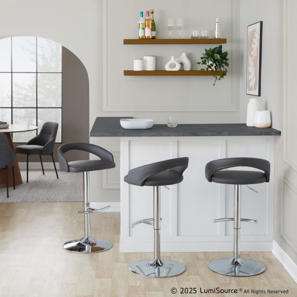 Grotto Grey Faux Leather Chrome Contemporary Adjustable Barstools Set of 2