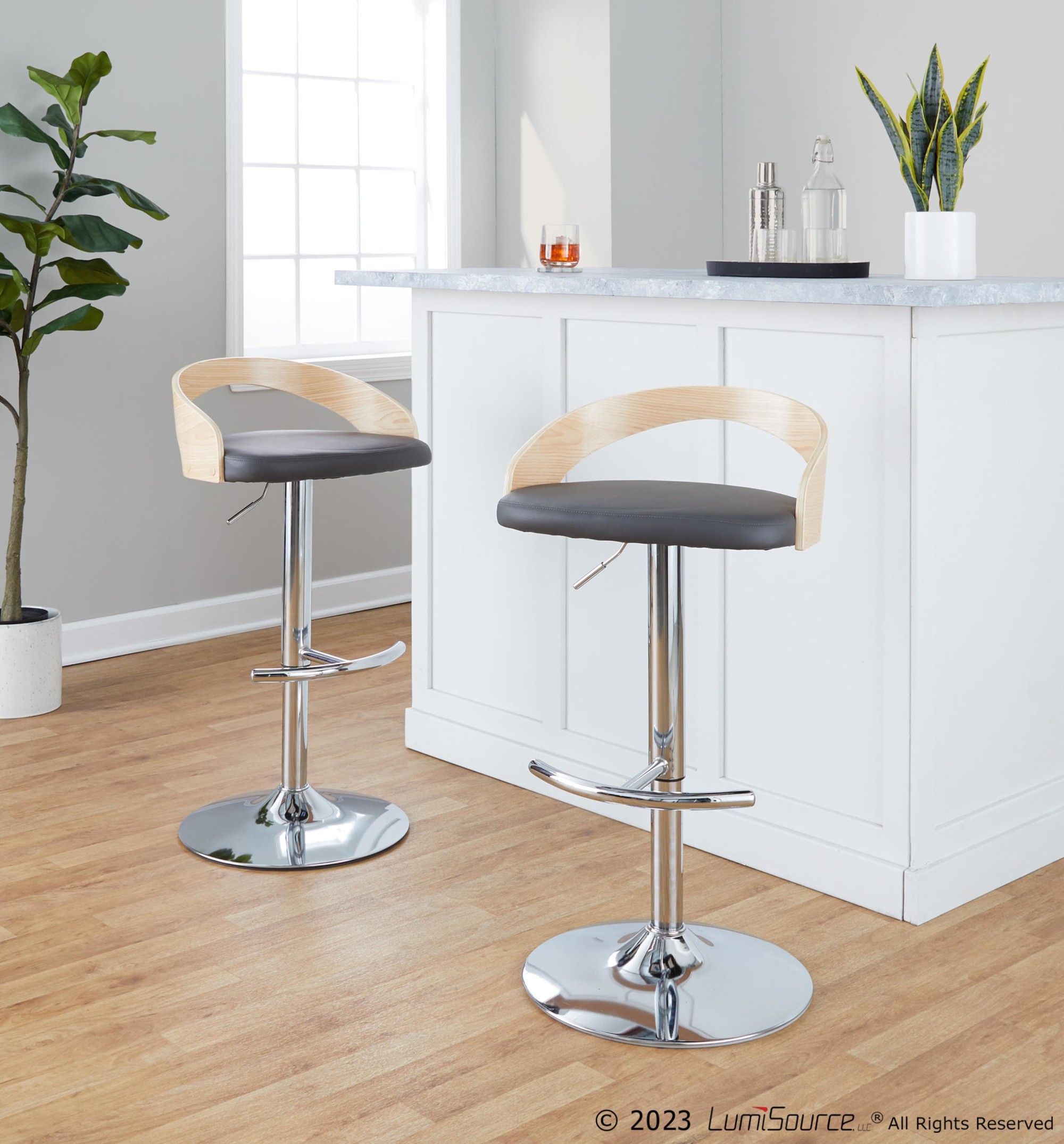 Grotto Grey Faux Leather Contemporary Adjustable Swivel Barstool (Set of 2) 2 Grotto Grey Faux Leather Contemporary Adjustable Swivel Barstool (Set of 2) - Image 2