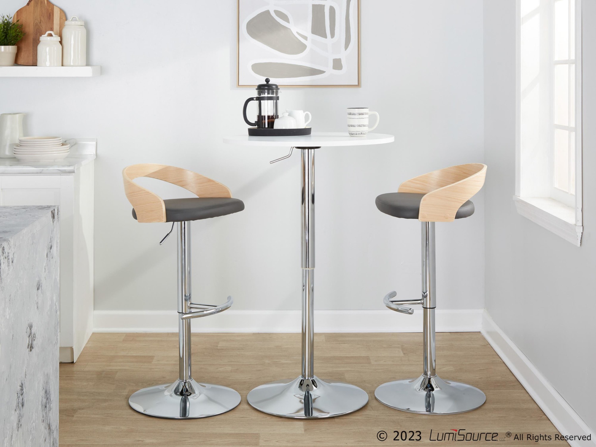 Grotto Grey Faux Leather Contemporary Adjustable Swivel Barstool (Set of 2) 3 Grotto Grey Faux Leather Contemporary Adjustable Swivel Barstool (Set of 2) - Image 3