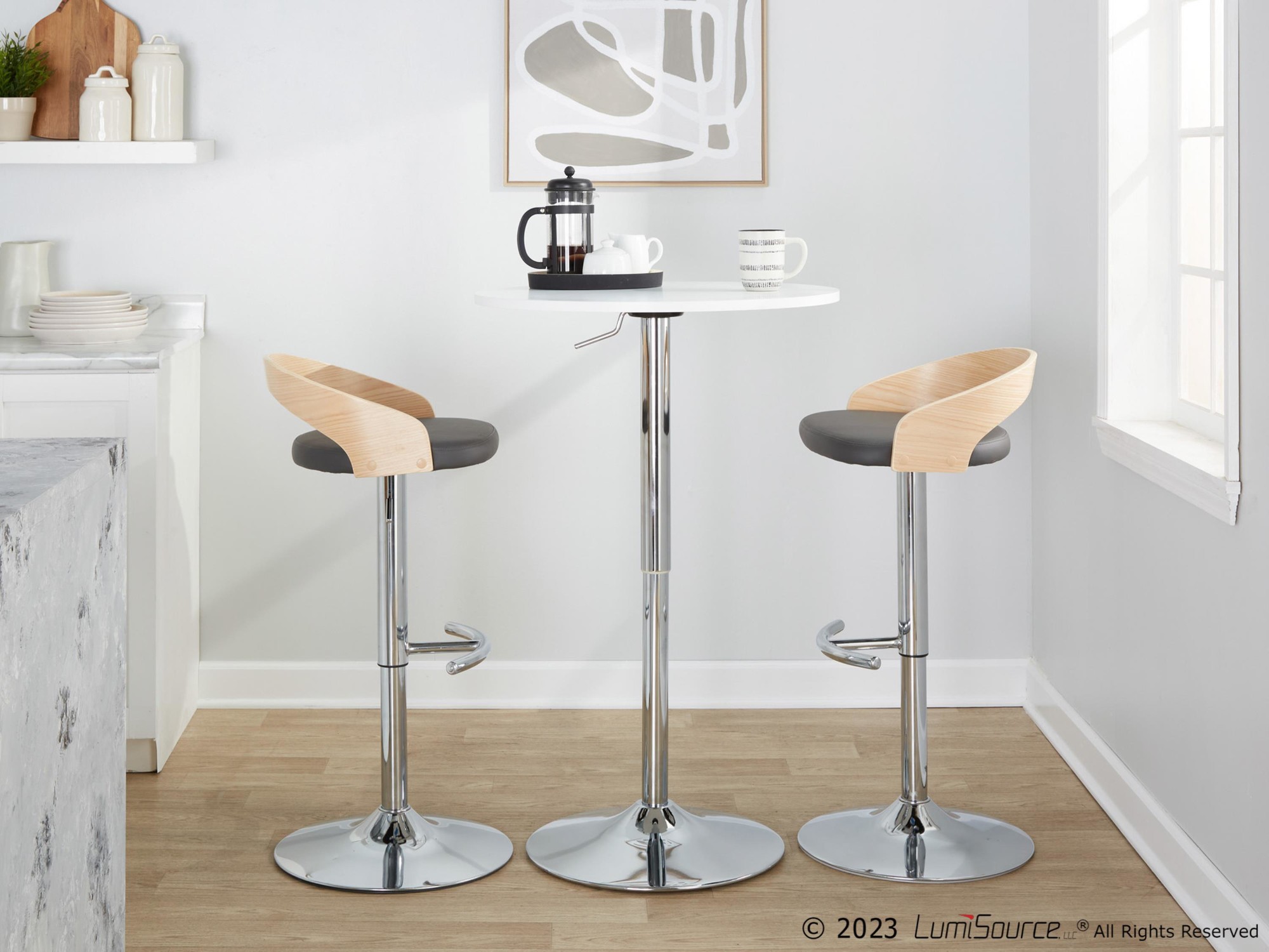 Grotto Grey Faux Leather Contemporary Adjustable Swivel Barstool (Set of 2) 4 Grotto Grey Faux Leather Contemporary Adjustable Swivel Barstool (Set of 2) - Image 4