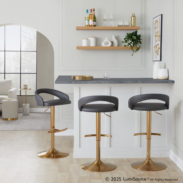 Grotto Grey Faux Leather Gold Contemporary Adjustable Barstools Set of 2 1