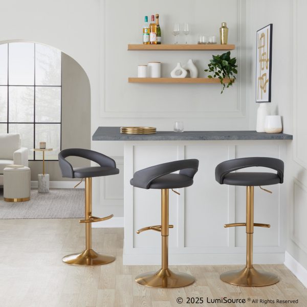 Grotto Grey Faux Leather Gold Contemporary Adjustable Barstools Set of 2