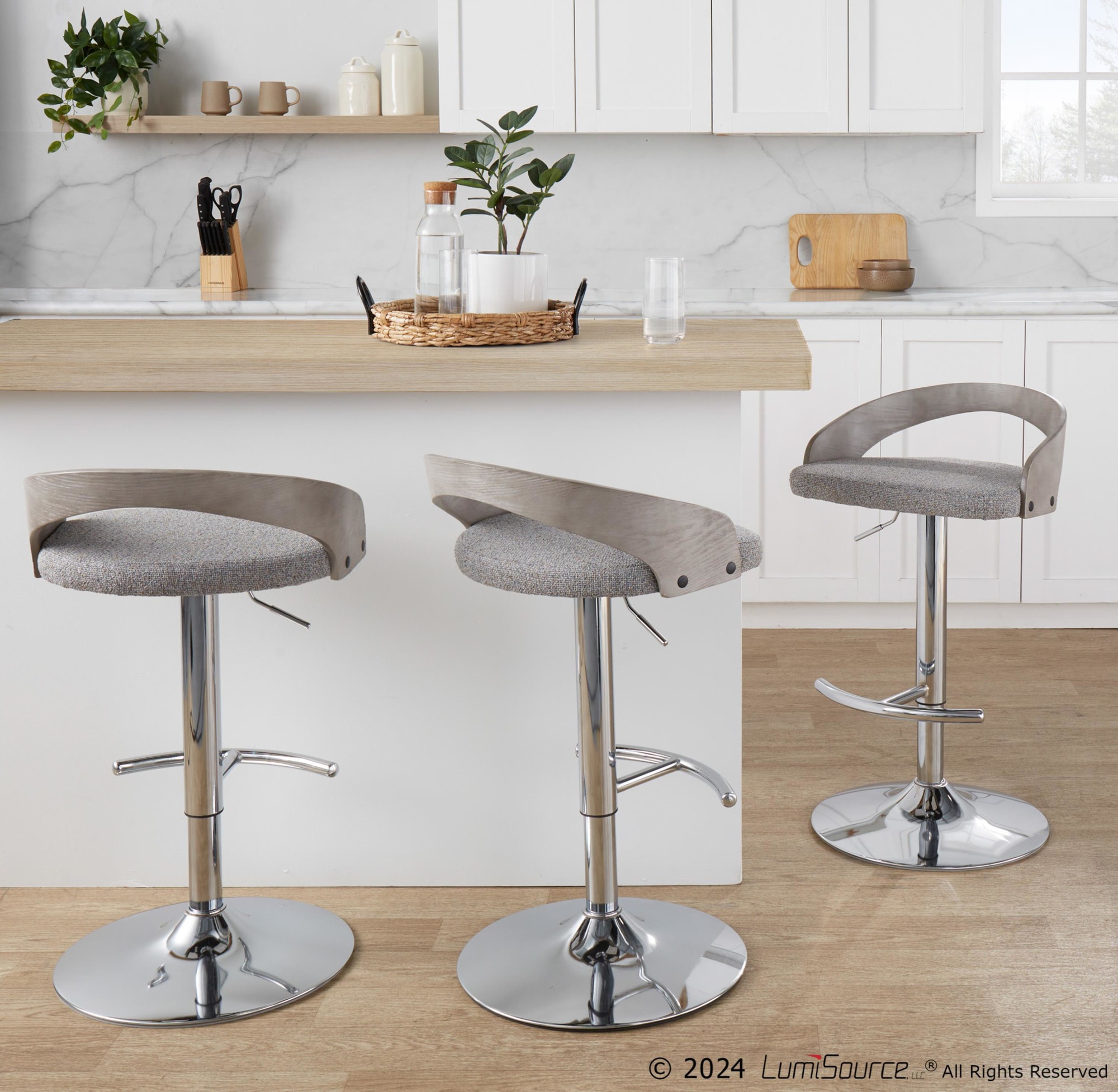 Grotto Light Grey Contemporary Adjustable Swivel Barstool (Set of 2) 2 Grotto Light Grey Contemporary Adjustable Swivel Barstool (Set of 2) - Image 2