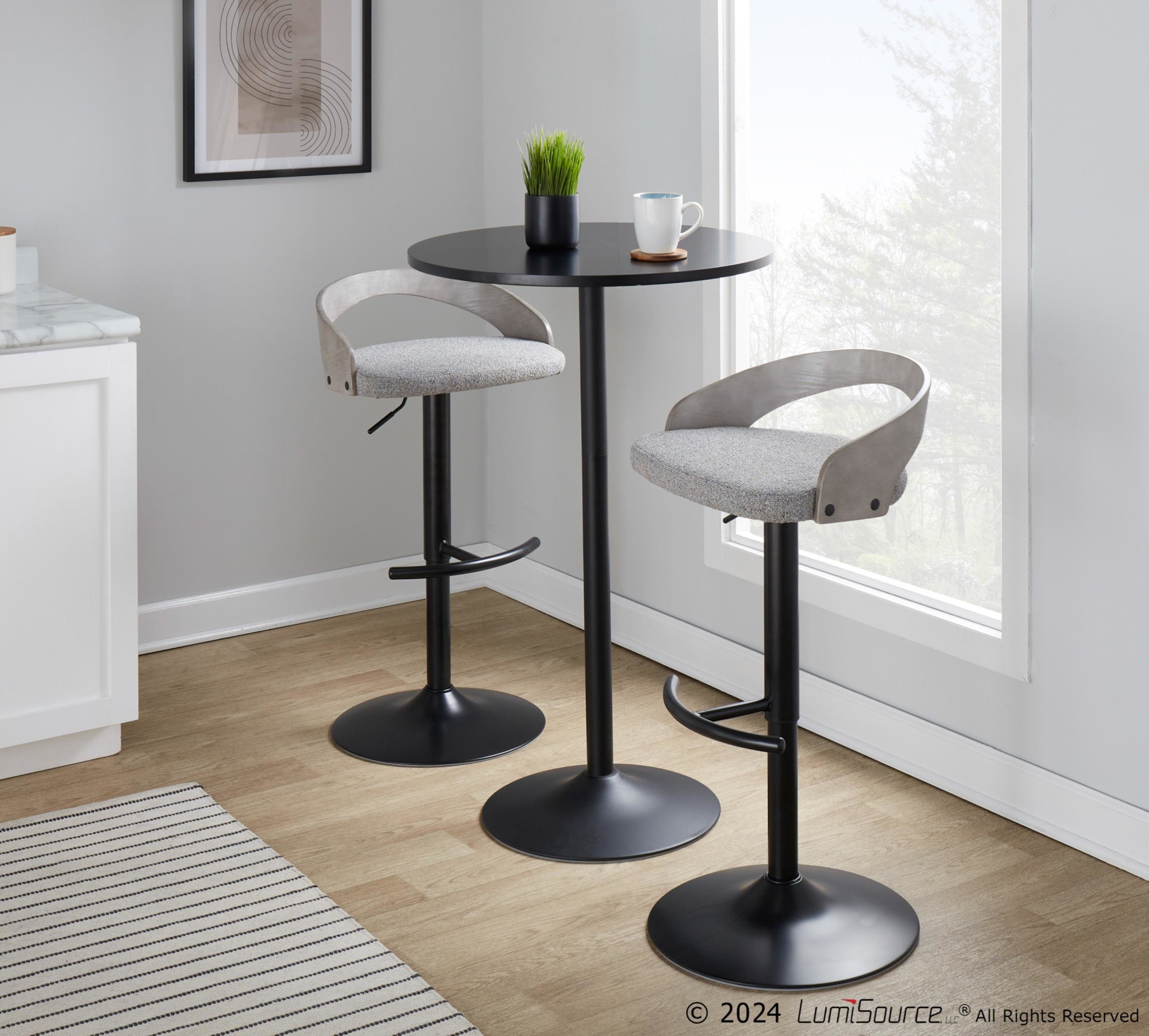 Grotto Light Grey Fabric Contemporary Adjustable Swivel Barstools (Set of 2) 2 Grotto Light Grey Fabric Contemporary Adjustable Swivel Barstools (Set of 2) - Image 2