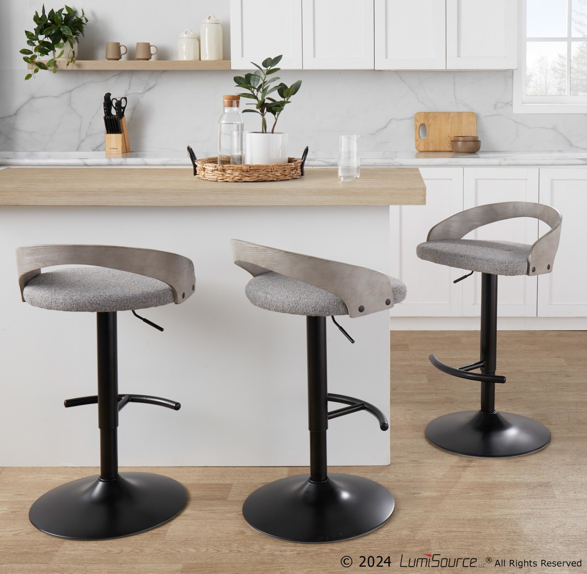 Grotto Light Grey Fabric Contemporary Adjustable Swivel Barstools (Set of 2) 3 Grotto Light Grey Fabric Contemporary Adjustable Swivel Barstools (Set of 2) - Image 3