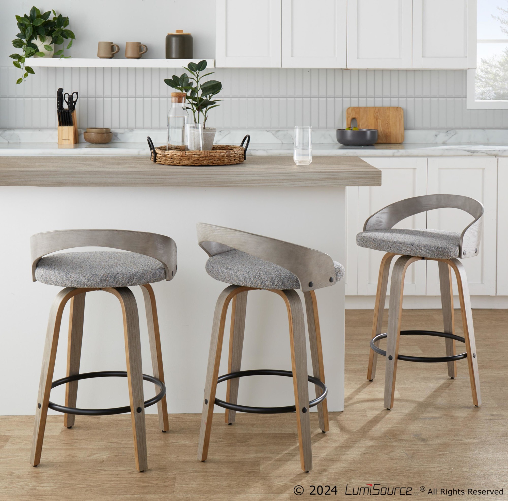 Grotto Light Grey Swivel Counter Stools Contemporary Style (Set of 2) (Set of 2) 2 Grotto Light Grey Swivel Counter Stools Contemporary Style (Set of 2) (Set of 2) - Image 2