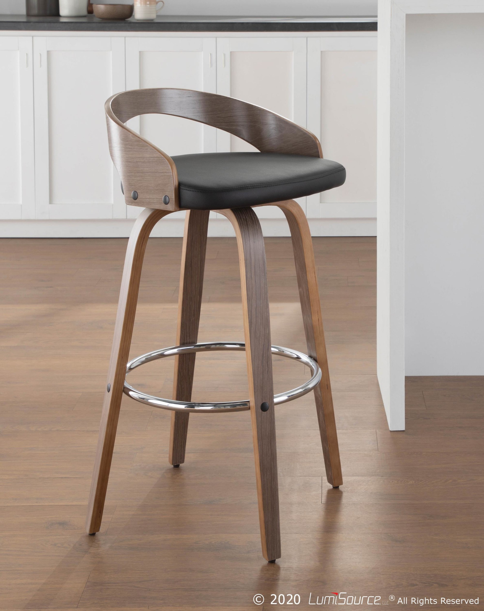 Grotto Light Grey Wood Black Faux Leather Swivel Barstools (Set of 2) 4 Grotto Light Grey Wood Black Faux Leather Swivel Barstools (Set of 2) - Image 4