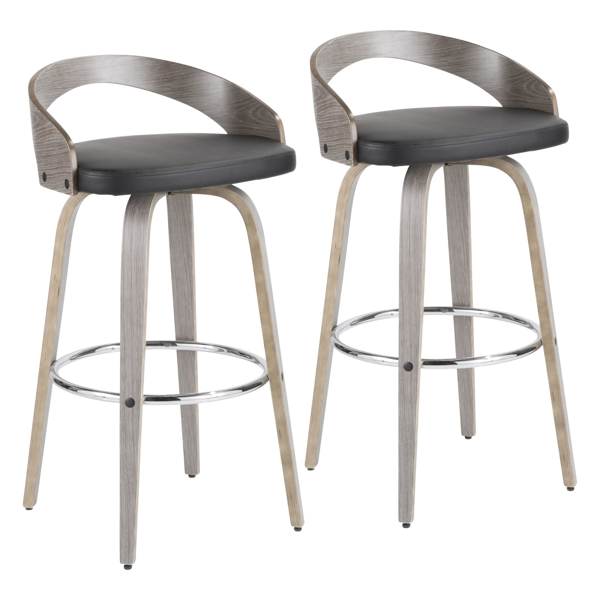 Grotto Light Grey Wood Black Faux Leather Swivel Barstools (Set of 2) 7 Grotto Light Grey Wood Black Faux Leather Swivel Barstools (Set of 2) - Image 7