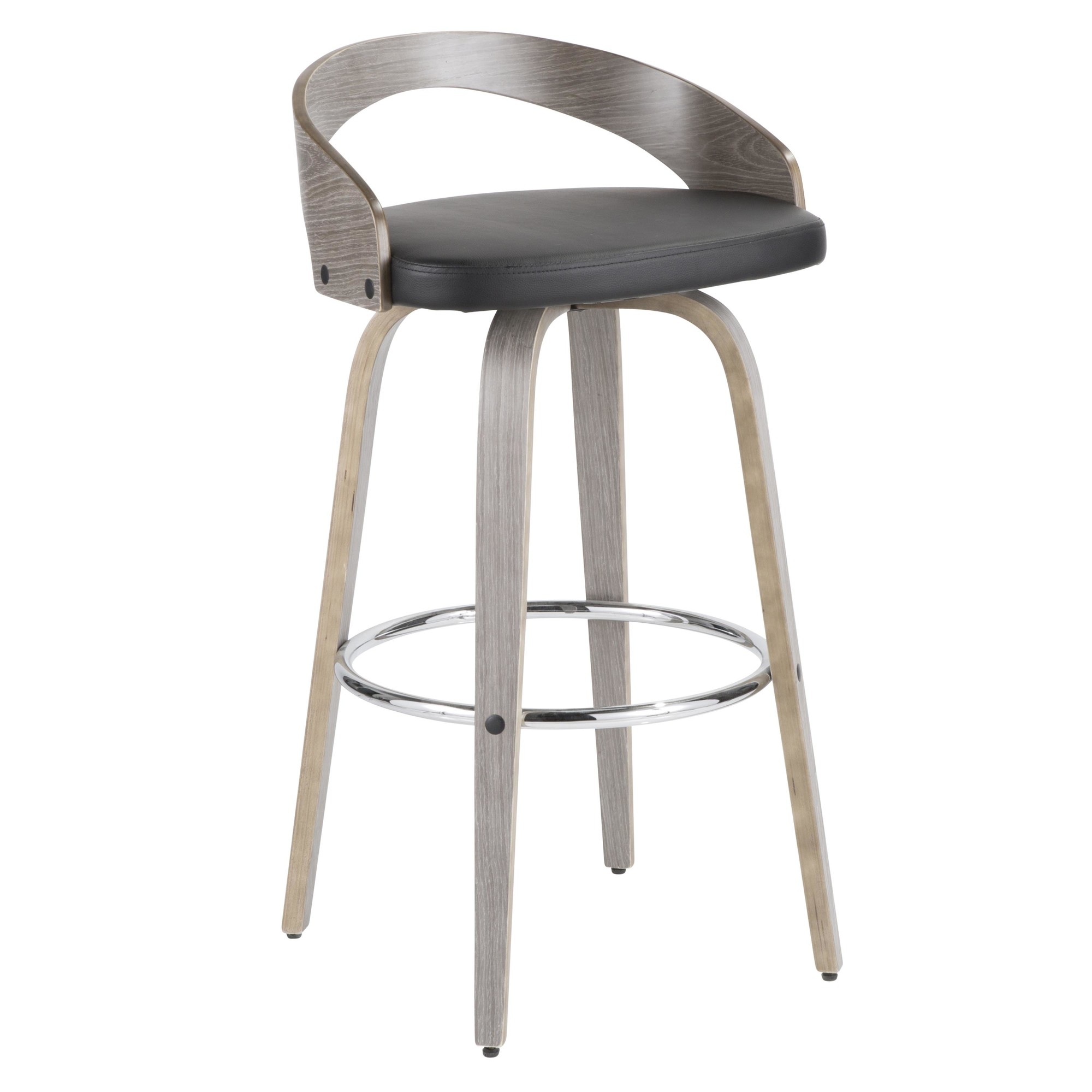 Grotto Light Grey Wood Black Faux Leather Swivel Barstools (Set of 2) 8 Grotto Light Grey Wood Black Faux Leather Swivel Barstools (Set of 2) - Image 8