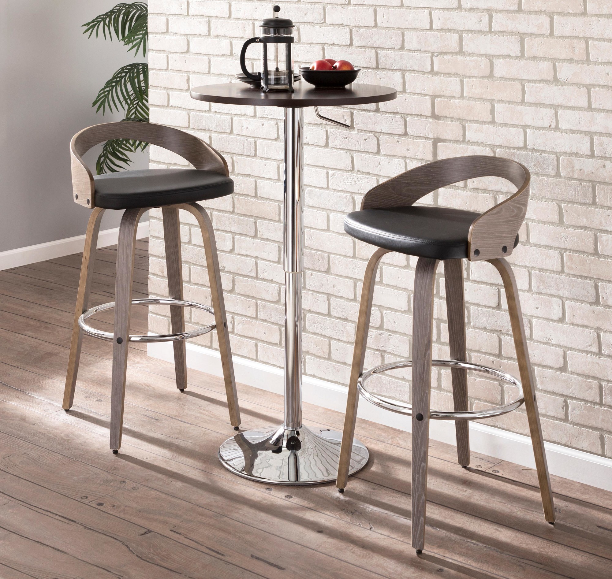 Grotto Light Grey Wood Black Faux Leather Swivel Barstools (Set of 2) 1 Grotto Light Grey Wood Black Faux Leather Swivel Barstools (Set of 2)