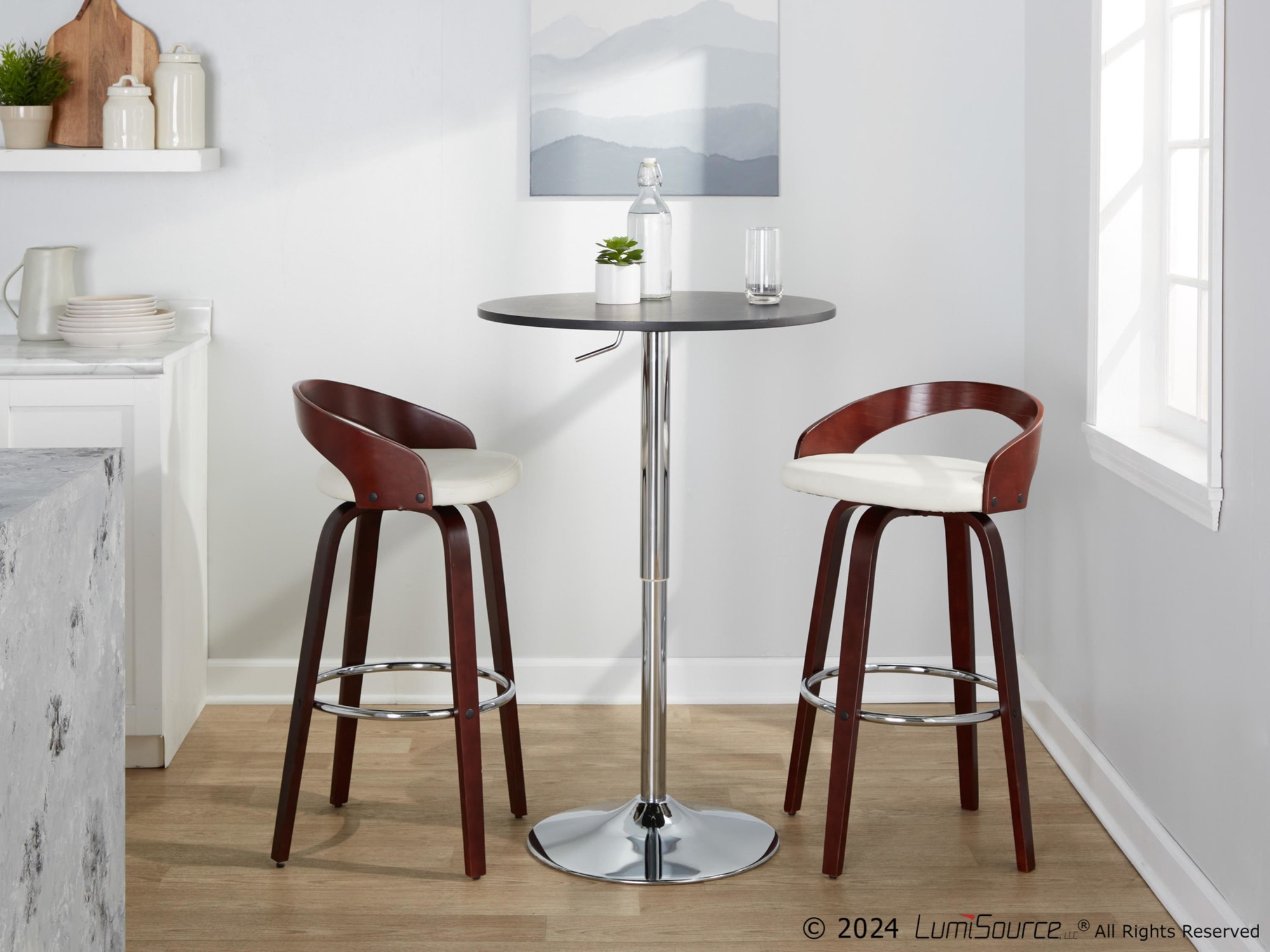 Grotto Mahogany White Swivel Mid-Century Modern Bar Stool (Set of 2) 2 Grotto Mahogany White Swivel Mid-Century Modern Bar Stool (Set of 2) - Image 2