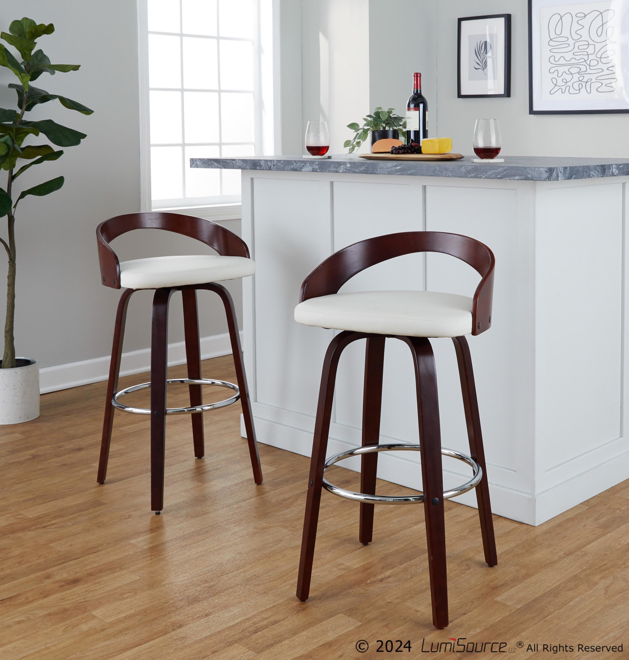 Grotto Mahogany White Swivel Mid-Century Modern Bar Stool (Set of 2) 3 Grotto Mahogany White Swivel Mid-Century Modern Bar Stool (Set of 2) - Image 3