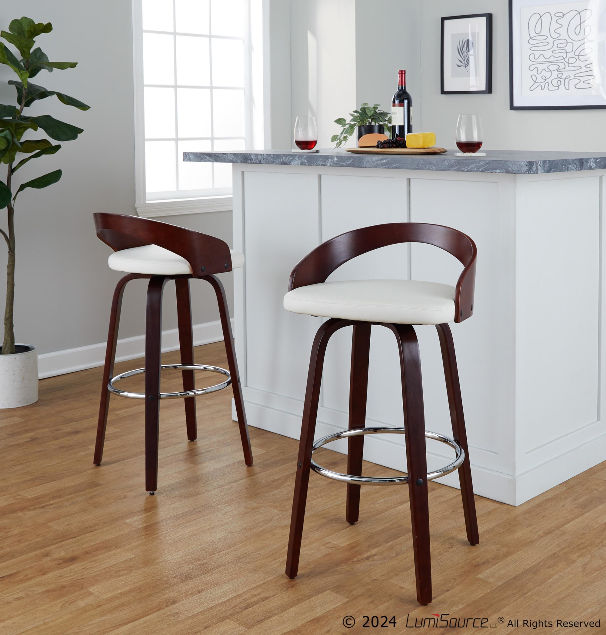 Grotto Mahogany White Swivel Mid-Century Modern Bar Stool (Set of 2) 4 Grotto Mahogany White Swivel Mid-Century Modern Bar Stool (Set of 2) - Image 4