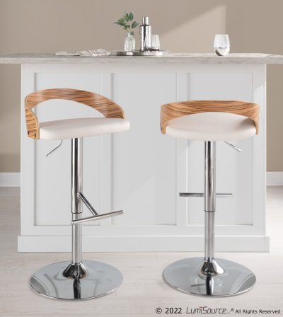 Grotto Mid-Century Modern Adjustable Chrome Barstool Zebra/White (Set of 2)
