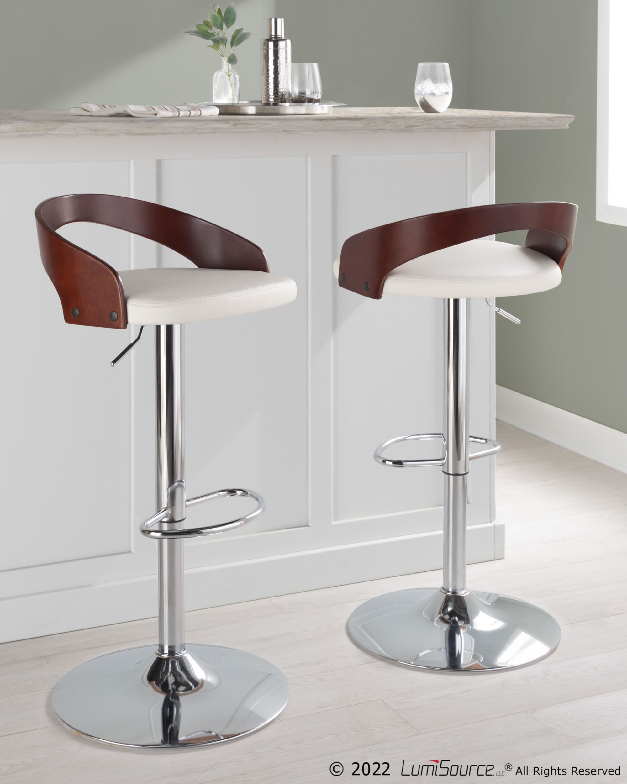 Grotto Mid-Century Modern Adjustable Swivel Barstool Chrome White (Set of 2) 2 Grotto Mid-Century Modern Adjustable Swivel Barstool Chrome White (Set of 2) - Image 2