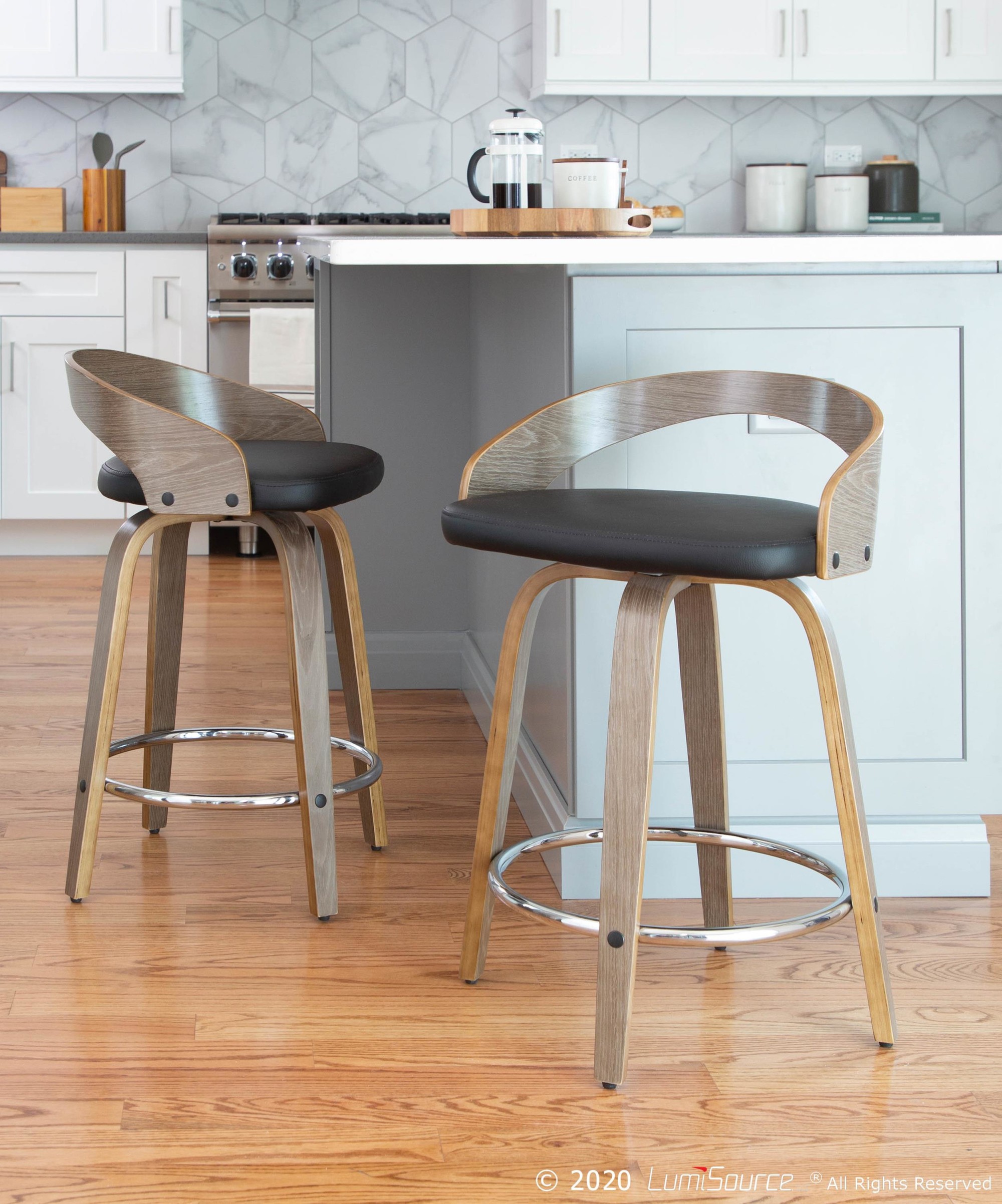 Grotto Mid-Century Modern Light Grey Swivel Counter Stools (Set of 2) 2 Grotto Mid-Century Modern Light Grey Swivel Counter Stools (Set of 2) - Image 2
