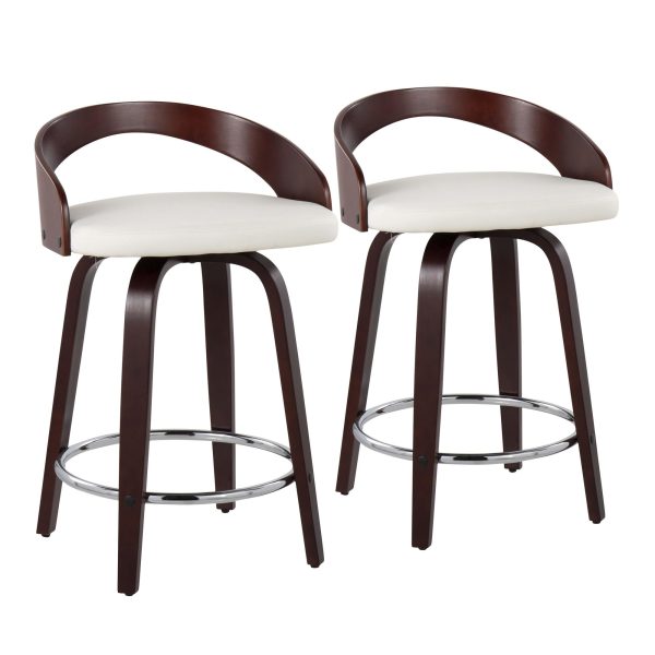 Grotto Mid Century Modern Swivel Counter Stool Mahogany White Set of 2 1