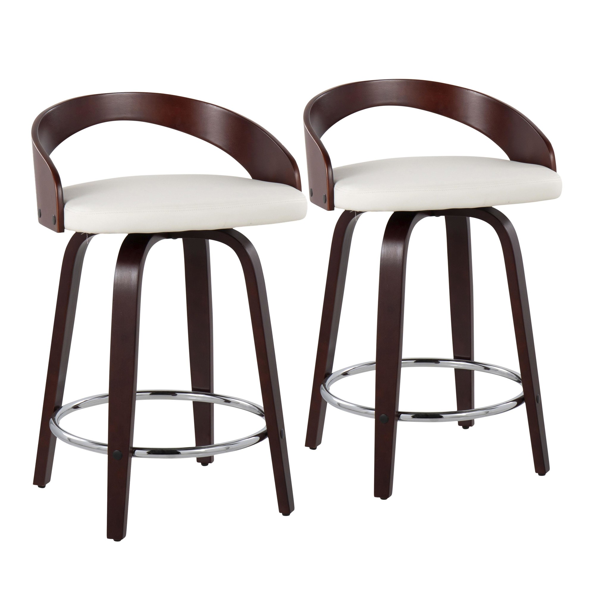 Grotto Mid-Century Modern Swivel Counter Stool Mahogany White (Set of 2) 2 Grotto Mid-Century Modern Swivel Counter Stool Mahogany White (Set of 2) - Image 2
