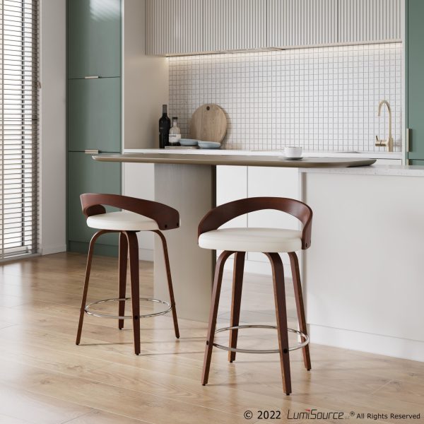 Grotto Mid Century Modern Swivel Counter Stool Mahogany White Set of 2