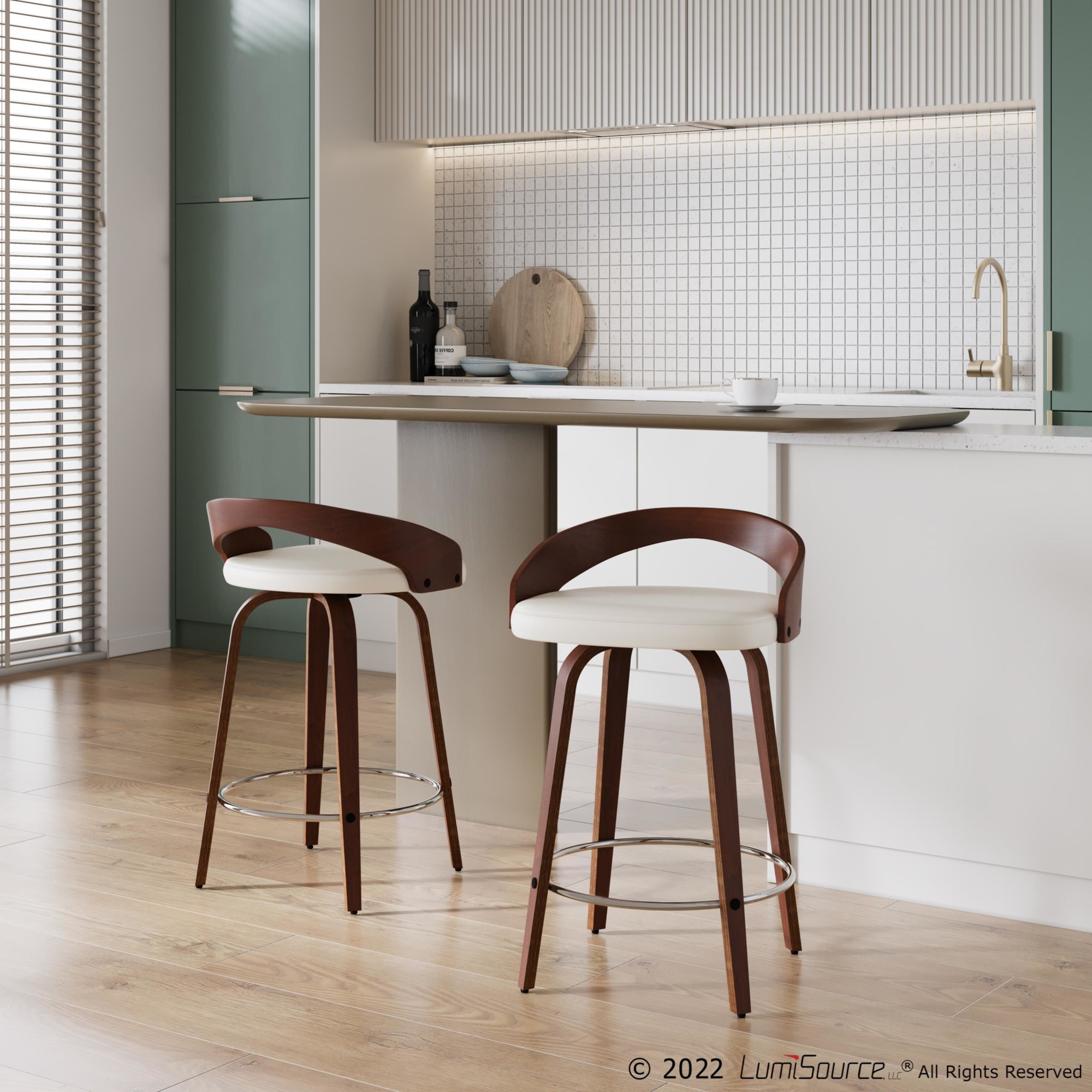 Grotto Mid-Century Modern Swivel Counter Stool Mahogany White (Set of 2) 1 Grotto Mid-Century Modern Swivel Counter Stool Mahogany White (Set of 2)