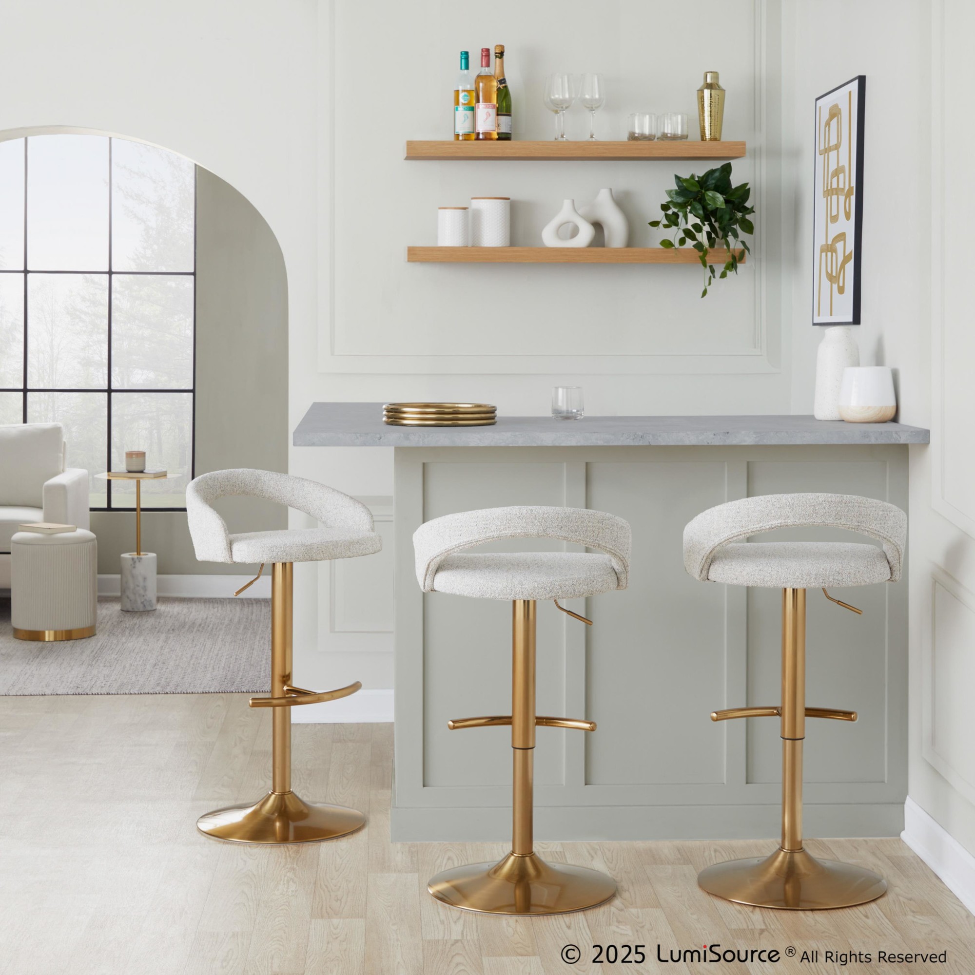 Grotto Oat Noise Fabric Gold Contemporary Adjustable Barstools (Set of 2) 2 Grotto Oat Noise Fabric Gold Contemporary Adjustable Barstools (Set of 2) - Image 2