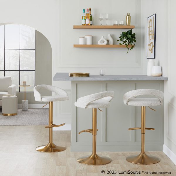 Grotto Oat Noise Fabric Gold Contemporary Adjustable Barstools Set of 2