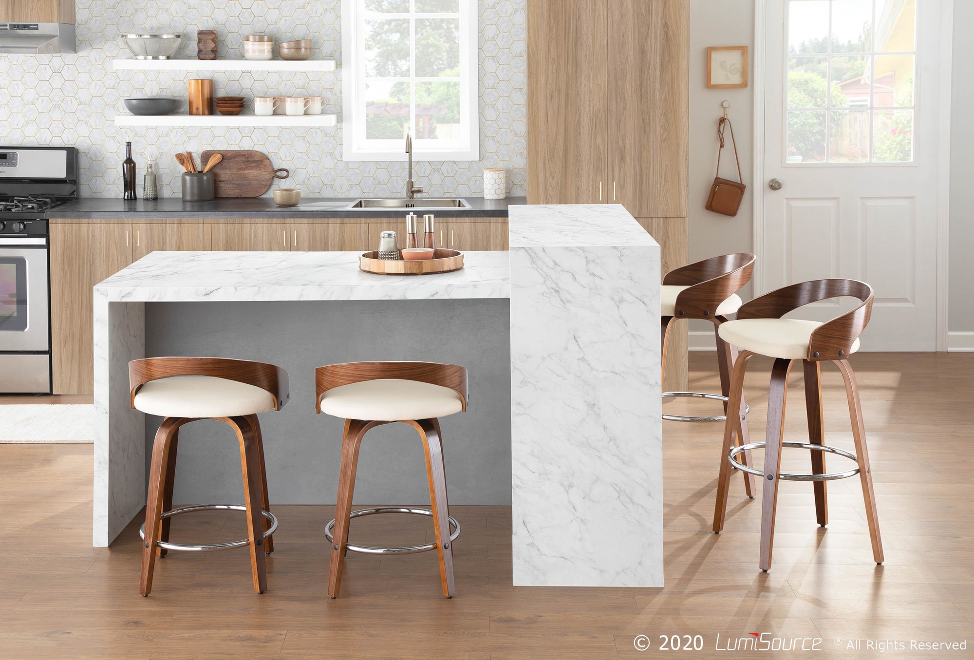 Grotto Walnut Cream Swivel Mid-Century Modern Barstools (Set of 2) 2 Grotto Walnut Cream Swivel Mid-Century Modern Barstools (Set of 2) - Image 2