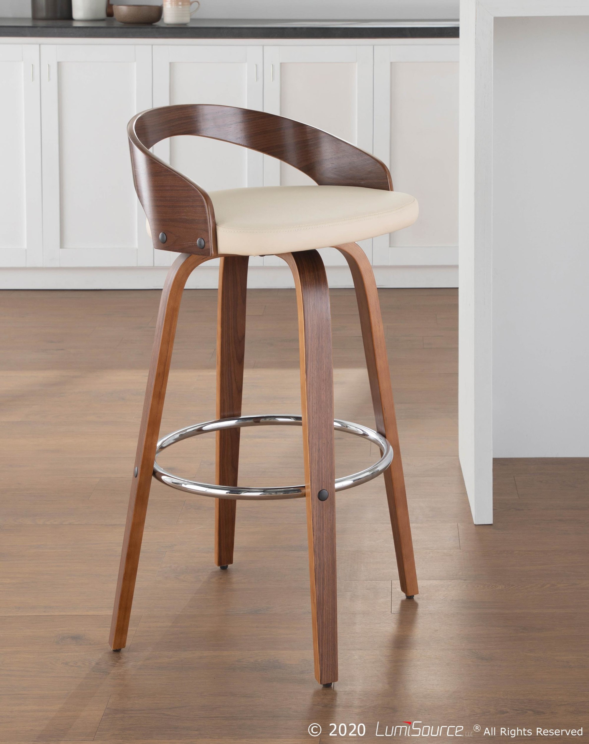 Grotto Walnut Cream Swivel Mid-Century Modern Barstools (Set of 2) 3 Grotto Walnut Cream Swivel Mid-Century Modern Barstools (Set of 2) - Image 3