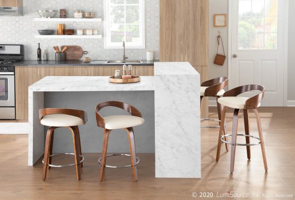 Grotto Walnut Cream Swivel Mid Century Modern Barstools Set of 2