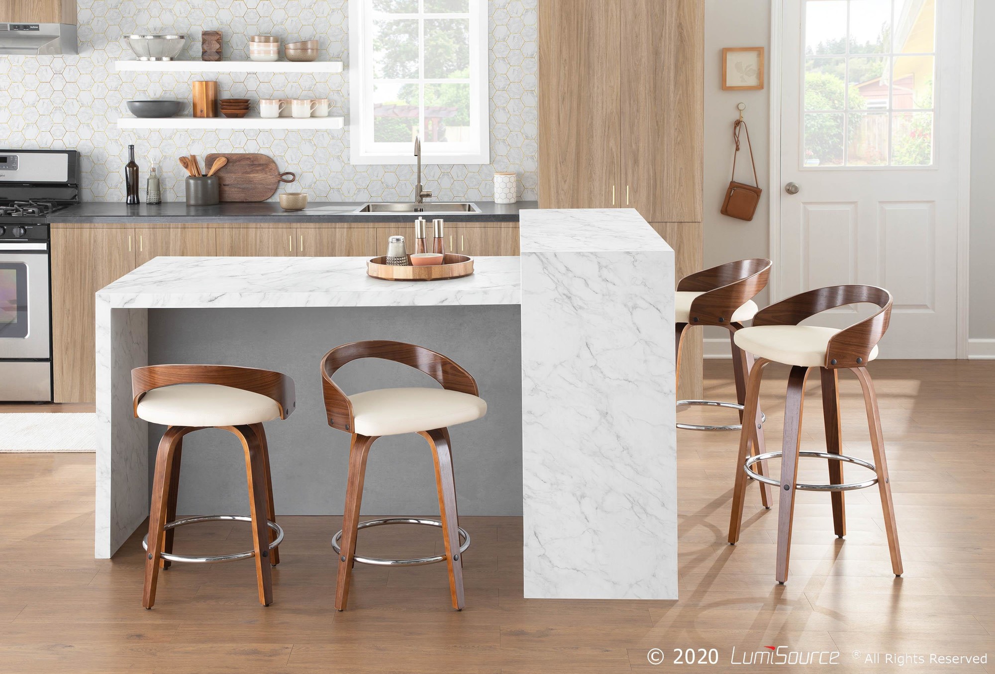 Grotto Walnut Cream Swivel Mid-Century Modern Barstools (Set of 2) 1 Grotto Walnut Cream Swivel Mid-Century Modern Barstools (Set of 2)