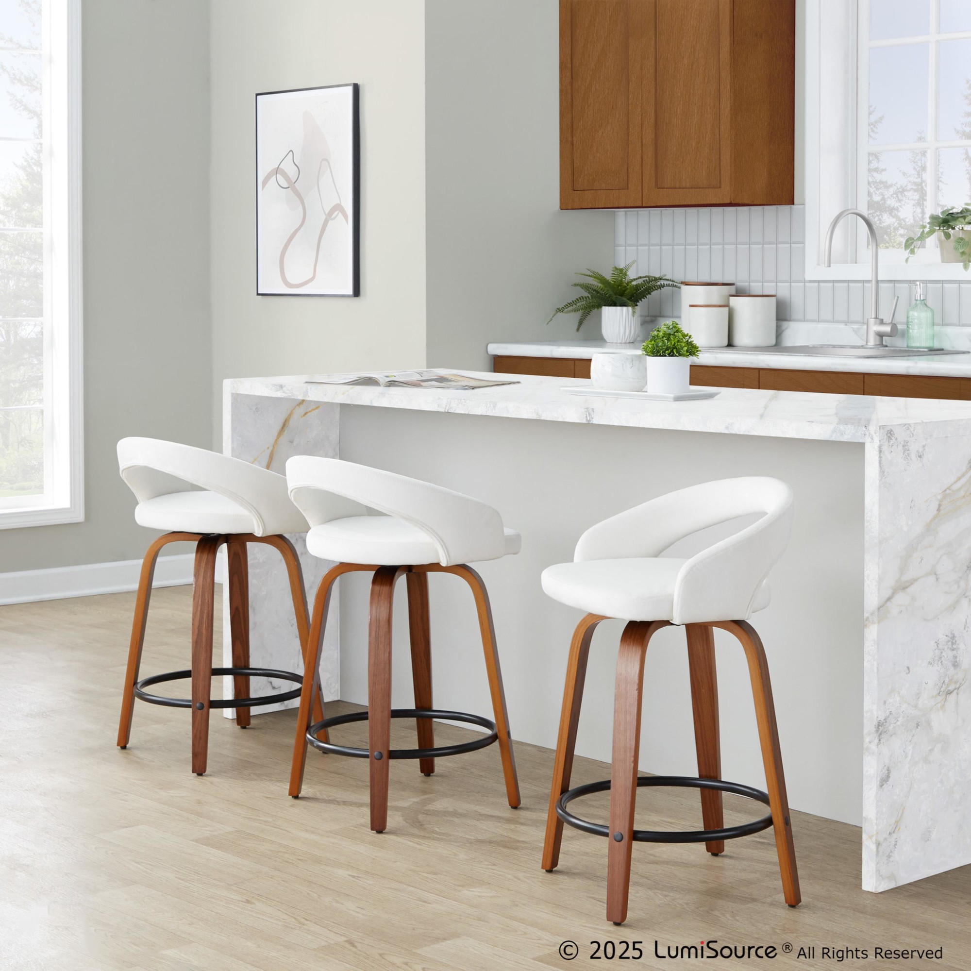 Grotto Walnut White Velvet Contemporary Counter Stools 24" (Set of 2) 2 Grotto Walnut White Velvet Contemporary Counter Stools 24" (Set of 2) - Image 2