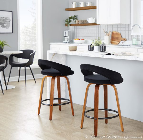 Grotto Walnut Wood Black Velvet Contemporary Counter Stool Set of 2 1