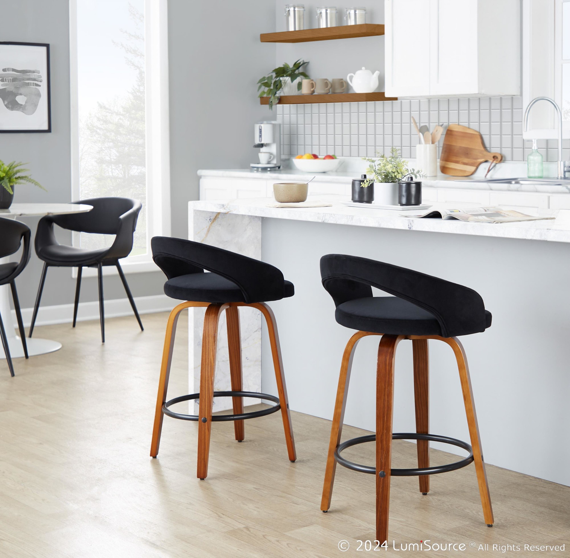 Grotto Walnut Wood Black Velvet Contemporary Counter Stool (Set of 2) 2 Grotto Walnut Wood Black Velvet Contemporary Counter Stool (Set of 2) - Image 2