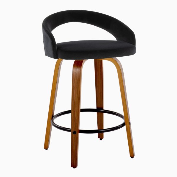 Grotto Walnut Wood Black Velvet Contemporary Counter Stool Set of 2 3