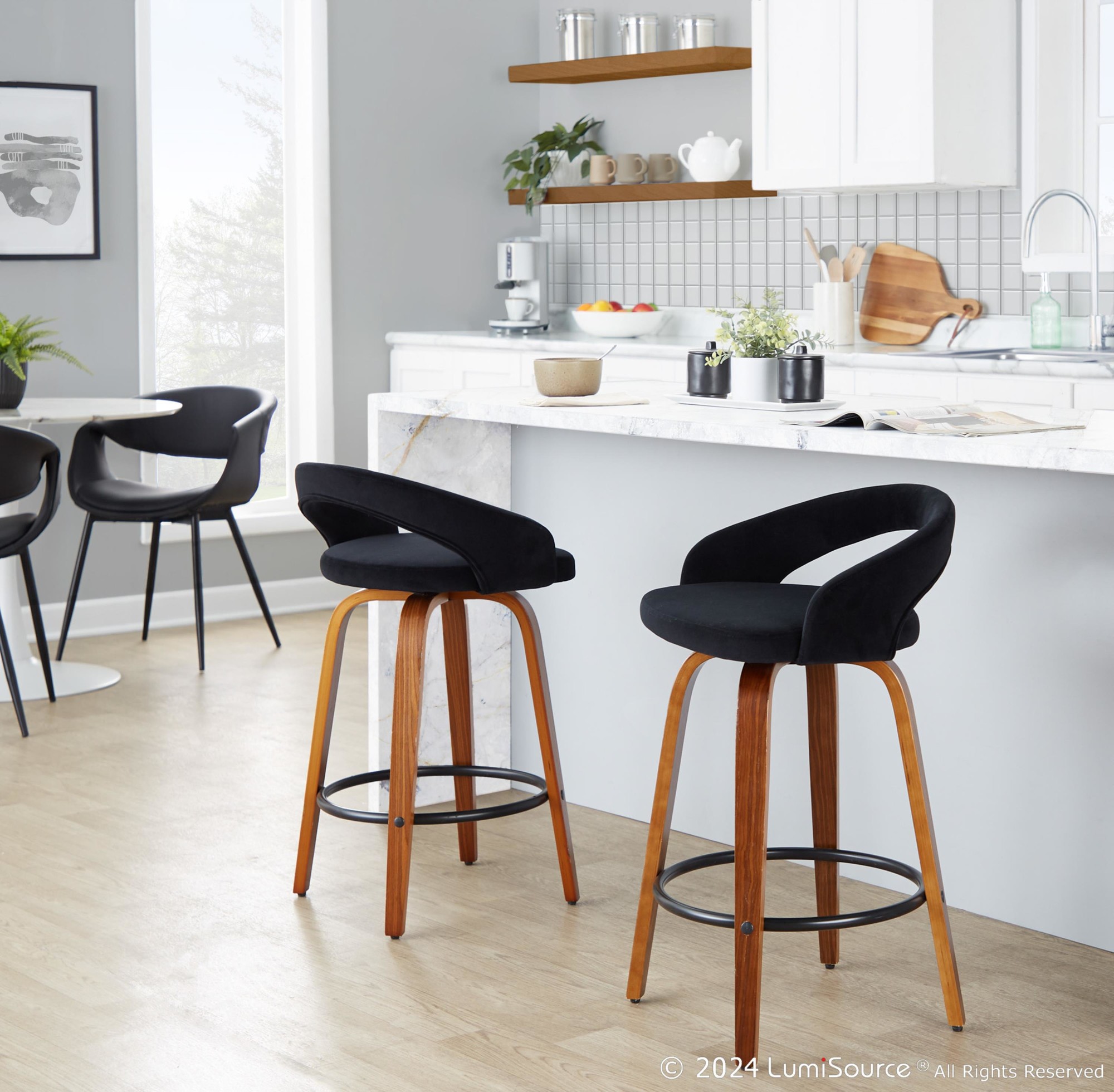 Grotto Walnut Wood Black Velvet Contemporary Counter Stool (Set of 2) 1 Grotto Walnut Wood Black Velvet Contemporary Counter Stool (Set of 2)