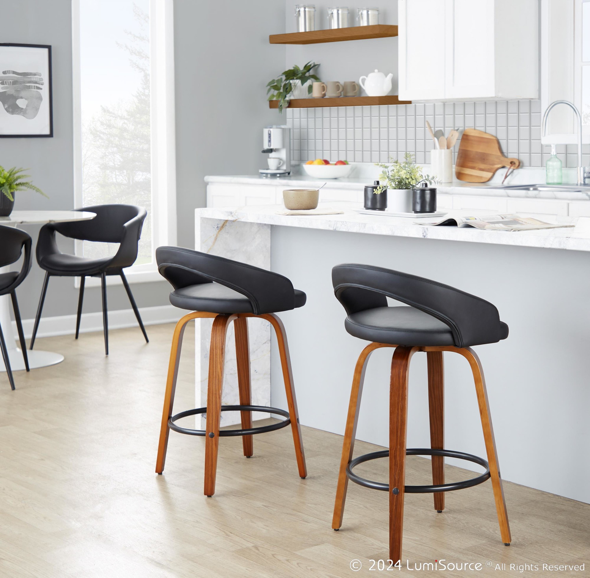 Grotto Walnut and Black Contemporary Swivel Counter Stools (Set of 2) 2 Grotto Walnut and Black Contemporary Swivel Counter Stools (Set of 2) - Image 2