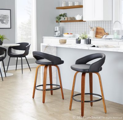 Grotto Walnut and Black Contemporary Swivel Counter Stools (Set of 2)