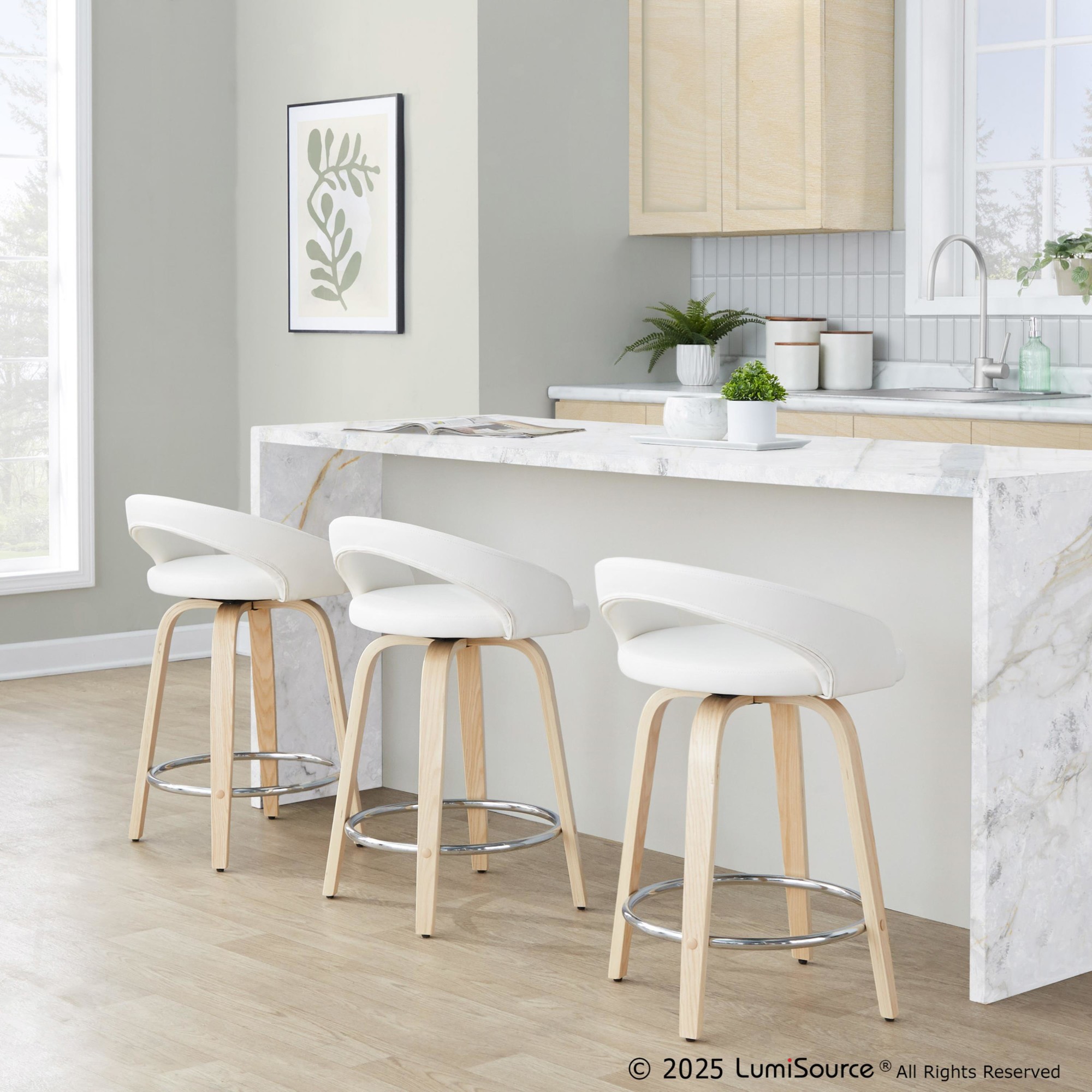 Grotto White Faux Leather 24" Contemporary Swivel Stool (Set of 2) 2 Grotto White Faux Leather 24" Contemporary Swivel Stool (Set of 2) - Image 2