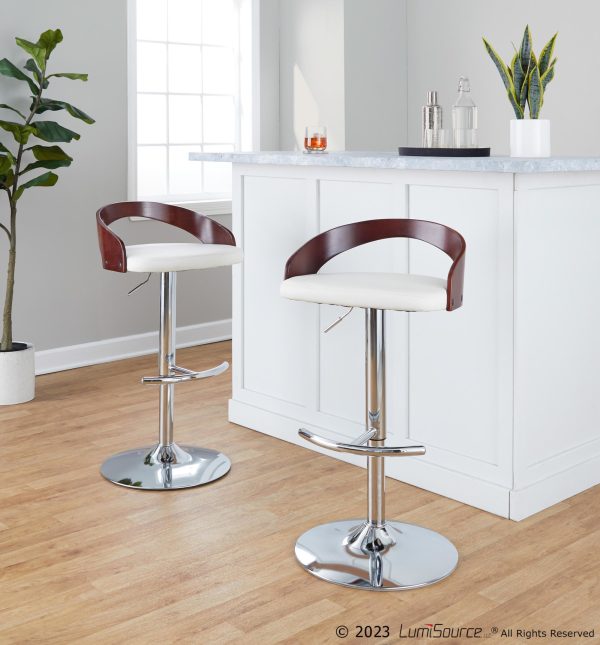 Grotto White Faux Leather Chrome Adjustable Barstool Set of 2 1