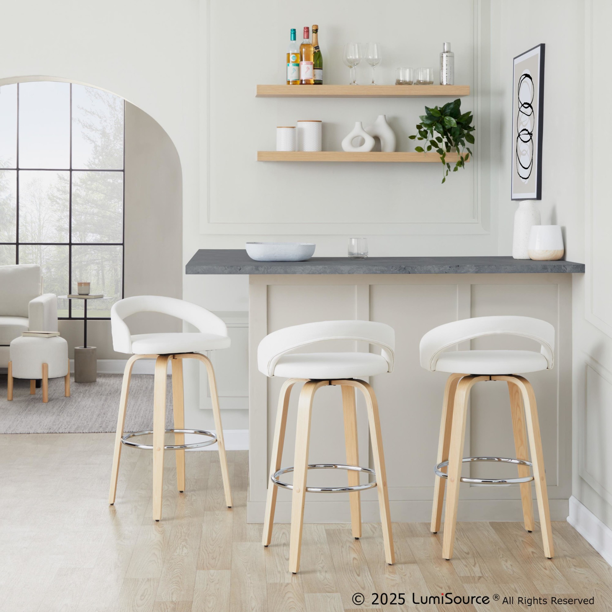 Grotto White Faux Leather Contemporary Swivel Barstools 30-Inch (Set of 2) 2 Grotto White Faux Leather Contemporary Swivel Barstools 30-Inch (Set of 2) - Image 2