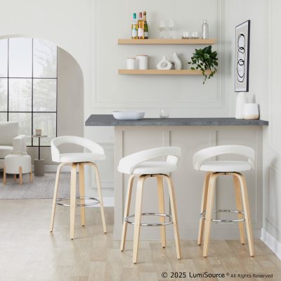 Grotto White Faux Leather Contemporary Swivel Barstools 30-Inch (Set of 2)