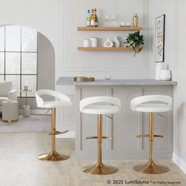 Grotto White Faux Leather Gold Contemporary Adjustable Barstool Set of 2 1