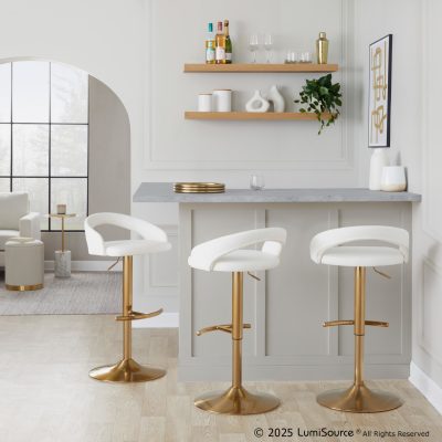 Grotto White Faux Leather Gold Contemporary Adjustable Barstool (Set of 2)