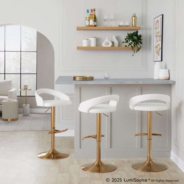 Grotto White Faux Leather Gold Contemporary Adjustable Barstool Set of 2
