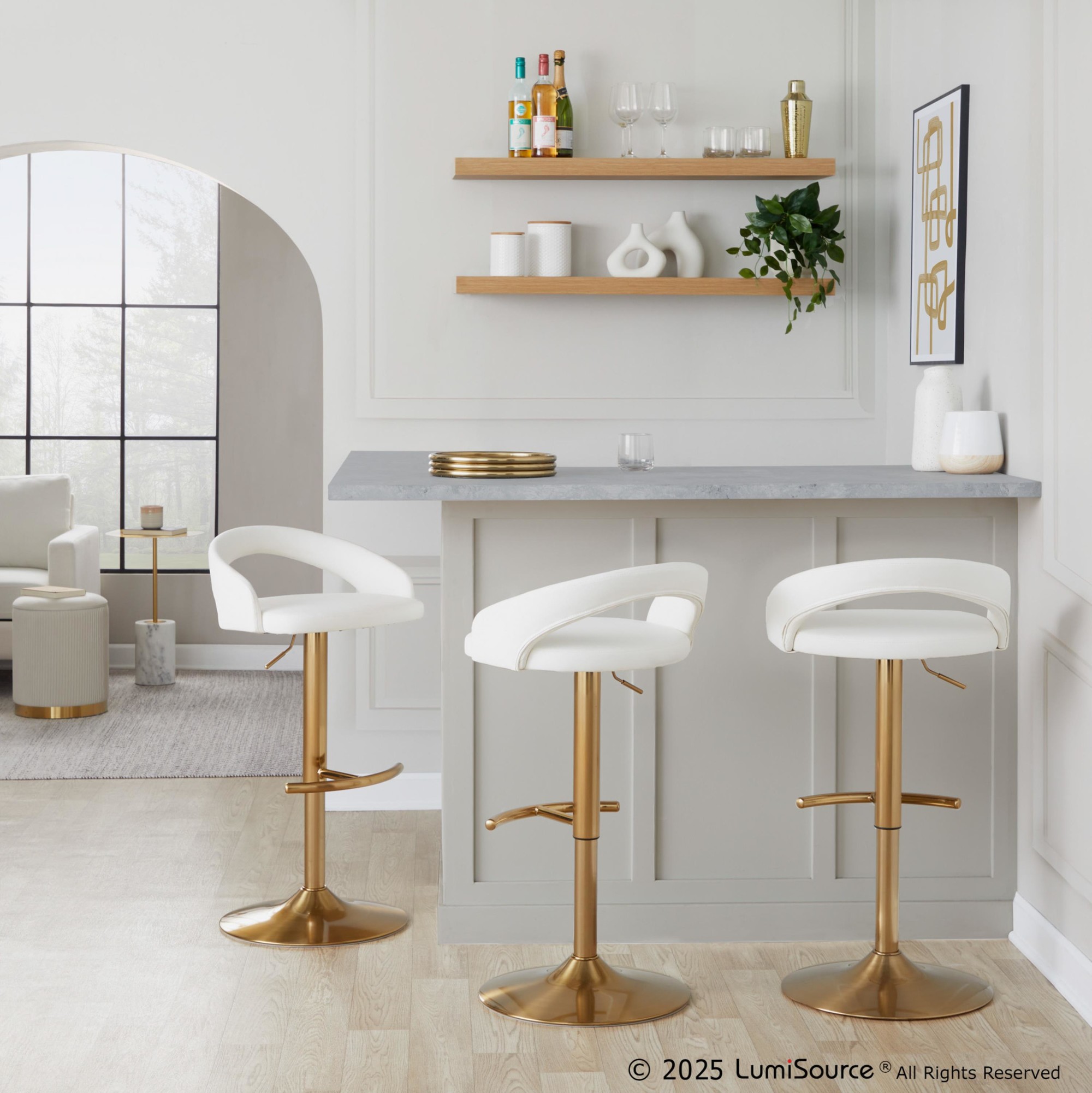 Grotto White Faux Leather Gold Contemporary Adjustable Barstool (Set of 2) 1 Grotto White Faux Leather Gold Contemporary Adjustable Barstool (Set of 2)