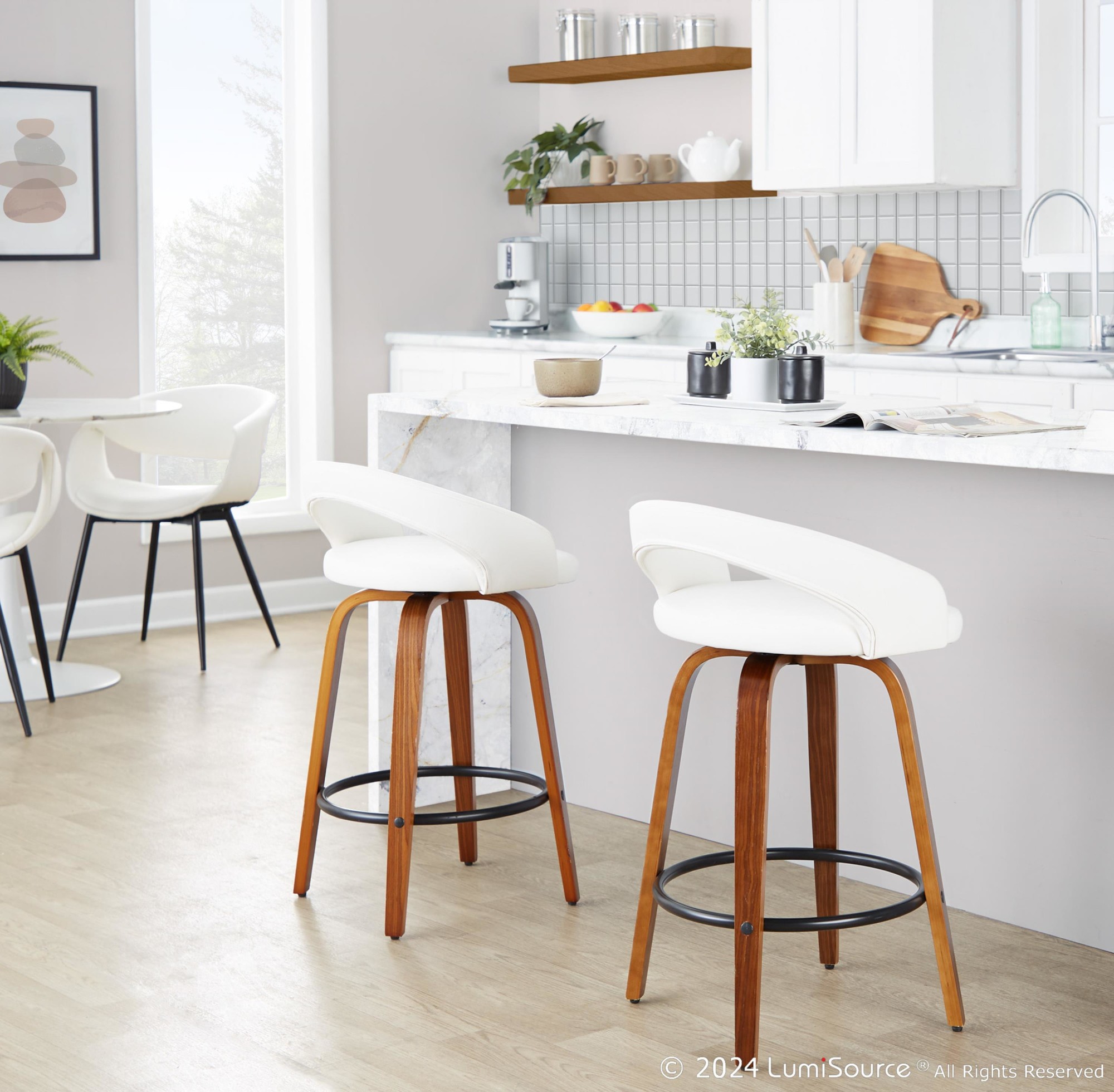 Grotto White Faux Leather Walnut 26-Inch Contemporary Stools (Set of 2) 2 Grotto White Faux Leather Walnut 26-Inch Contemporary Stools (Set of 2) - Image 2