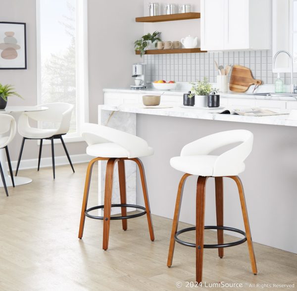 Grotto White Faux Leather Walnut 26 Inch Contemporary Stools Set of 2